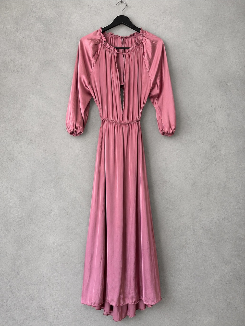 Zara Satin Maxi Dress Medium Mauve Open Back Plunging Keyhole Long Sleeve